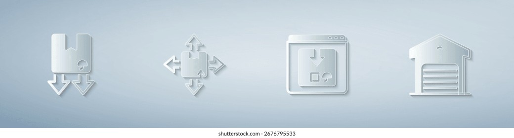 Set Cardboard box with traffic symbol, Carton cardboard, Online app delivery tracking and Warehouse. Paper art style. Vector