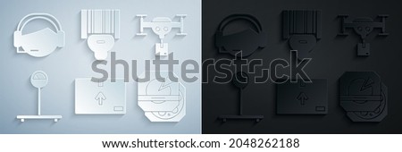 Set Cardboard box with traffic symbol, Delivery drone the package, Scale, Pizza in cardboard, Scanner scanning bar code and Support operator touch icon. Vector
