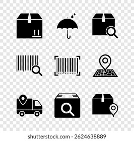 Set Cardboard box with traffic, Umbrella and rain drops, Search package, Delivery tracking, Location cardboard, barcode and Barcode icon. Vector - Powered by Shutterstock - Get 15% off with code: PIKWIZARD15
