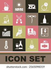 Set Cardboard box of wine, Book about grapes, Bottle, Cheese, Gardening scissors, Decanter for and Wine corkscrew icon. Vector