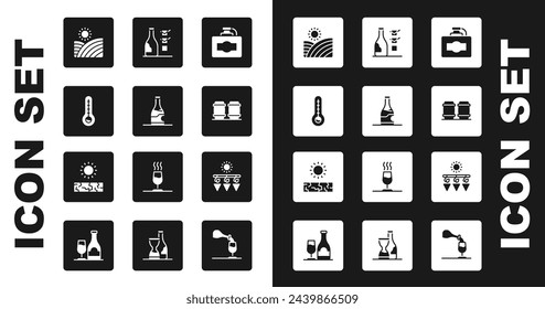 Set Cardboard box of wine, Bottle, Meteorology thermometer, Vineyard grapes, Wooden barrel for, Drying and Drought icon. Vector