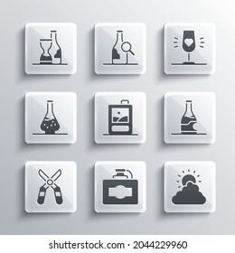 Set Cardboard box of wine, Sun and cloud weather, Bottle, Gardening scissors, Decanter for,  and Wine glass icon. Vector