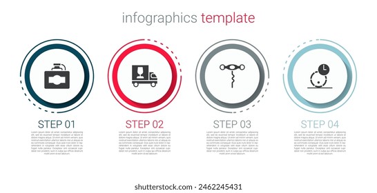 Set Cardboard box of wine, Wine truck, corkscrew and Wooden barrel for. Business infographic template. Vector