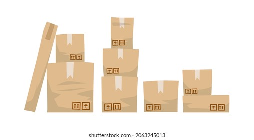 Set of cardboard boxes in cartoon style, flat vector illustration isolated on white background. Pile of boxes with adhesive tape as symbol of moving or delivery services.