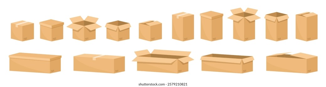 Set of cardboard boxes. Delivery cardboard box mockups