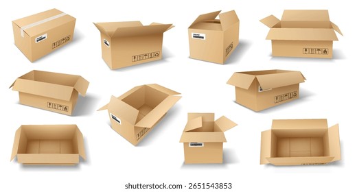 Set of cardboard boxes in different positions and angles. Boxes are open and closed, featuring realistic details and icons. Perfect for storage, shipping, or packaging design.