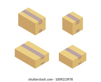 Set cardboard boxes in different sizes. Boxes for transportation and storage. Vector illustration in isometric.