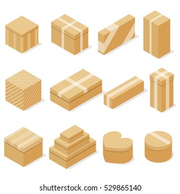 Set of cardboard boxes. Flat isometric. A container for goods. Packaging, storage and transportation. Delivery in the package. Vector illustration.