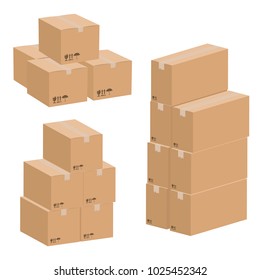 Set of cardboard boxes isolated on white background. Vector carton packaging box images.
