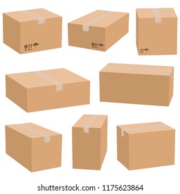 Set of cardboard boxes isolated on white background. Vector carton packaging box images.