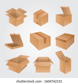 Set of cardboard boxes isolated on white background. Vector carton packaging box images.