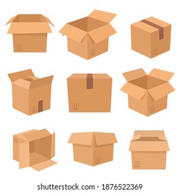 Set of cardboard boxes isolated on white background. Vector illustration.