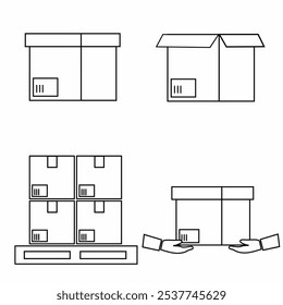 Set of cardboard boxes line art vector illustration isolated on white background. Closed and opened cardboard boxes for mailing, packing, shipping, and moving.
