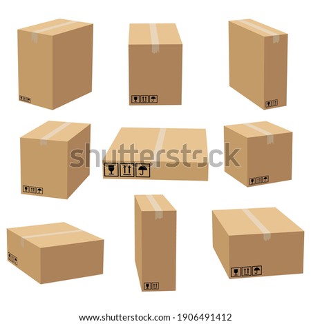 Set of cardboard boxes mockups. Carton delivery packaging box. Vector 3D illustration isolated white background.