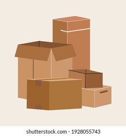 Un conjunto de cajas de papas para moverse. Logística y transporte. Almacenamiento en almacén. Ilustración de material vectorial. Estilo sencillo. Cajas marrones. Ilustración aislada. Artículos postales. Concepto de desplazamiento y embalaje