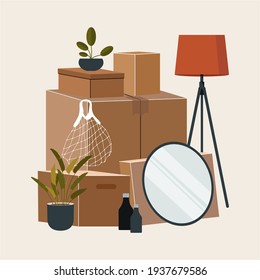 A set of cardboard boxes for moving. Logistics and transportation. Warehouse storage. Vector stock illustration. Simple style. Brown boxes. Isolated illustration. Moving and packing concept.