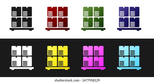 Set Cardboard boxes on pallet icon isolated on black and white background. Closed carton delivery packaging box with fragile signs.  Vector Illustration