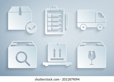 Set Cardboard boxes on pallet, Delivery cargo truck vehicle, Search package, with fragile content, Verification of delivery list and Package check mark icon. Vector