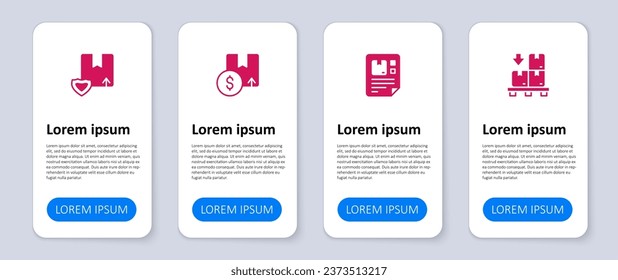 Colocar cajas de cartón en pallet, Waybill, cartón de cartón y seguridad de entrega con escudo. Plantilla de infografía empresarial. Vector