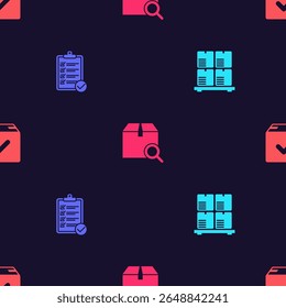 Definir caixas de papelão no palete, Verificação da lista de entrega, Pacote de pesquisa e Pacote com marca de verificação em padrão sem costura. Vetor