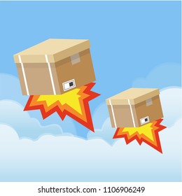 Set of cardboard boxes on sky background. Rocket boxes concept, fly in the sky. Flat vector illustration