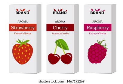 Set of cardboard boxes for packaging cosmetics or fragrances. Aroma of Strawberry, Cherry and Raspberry. Set labels for aroma products. Vector illustration isolated on white background.