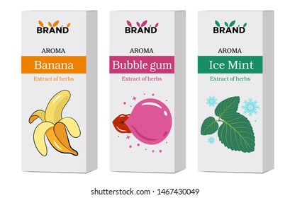 Conjunto de cajas de cartón para envasar cosméticos o fragancias. Aroma de Banana, Ciruela de Burbuja y Casa de Hielo. Establecer etiquetas para productos de aroma. Ilustración vectorial aislada en fondo blanco.