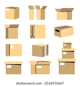 Conjunto de caixas de papelão para embalagem, remessa e entrega. Ilustração isolada de vetor.