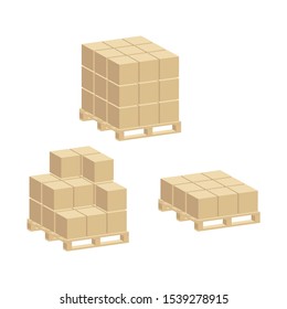 Set of cardboard boxes packed on pallets.Isometric and 3D view.
