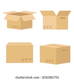 Set of cardboard boxes for parcels, goods and products, vector illustration. A collection of sustainable recyclable packaging for various uses.