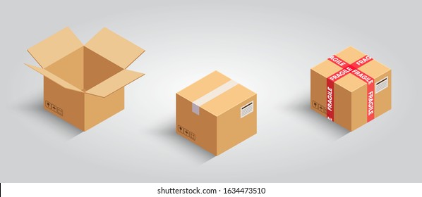 Set of cardboard boxes. Realistic carton box. Board with fragile duct tape. Frail delivery sign. Delicate package. Frangible or brittle pack. moving sign. Post mockup. Vector illustration.