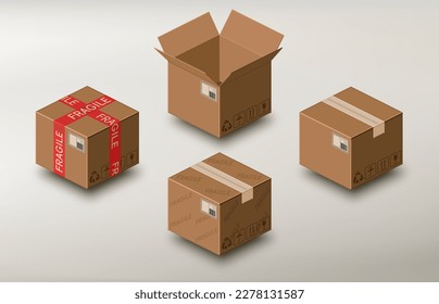 Set of cardboard boxes. Realistic carton box. Adhesive tape, duct tape. Sign of delicate delivery box with a print. Destination ticket with barcode. Fragile content. Post mockup. Vector illustration.