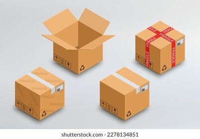 Set of cardboard boxes. Realistic carton box. Adhesive tape, packing duct tape. Delicate cargo sign box marking. Destination ticket with barcode. Fragile packaging. Post mockup. Vector illustration.