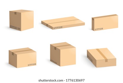 Set of cardboard boxes with shadows isolated on white background. Carton packaging box. Vector illustration.