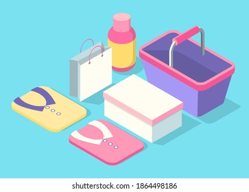 Set of cardboard boxes, shopping bags, things clothe blouses and liquid bottle. Shopping from the supermarket vector illustration. Packaged purchases, shopping cart from store on blue background