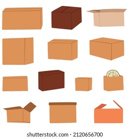 Set with cardboard boxes. Stuff packed in carton packages for relocation and moving. Flat vector illustrations isolated on white background