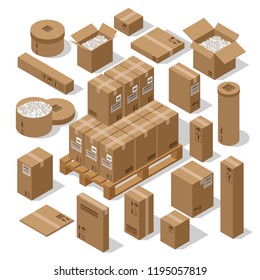 a set of cardboard boxes for the transportation of goods. Brown open containers with foam and closed boxes on a white background. Isometric 3d