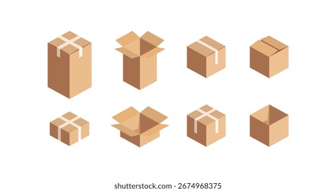 Set of cardboard boxes in various open and closed configurations on white background