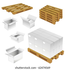 set of cardboard boxes and wood pallets. vector illustration