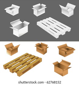 set of cardboard boxes and wood pallets. vector illustration