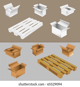 set of cardboard boxes and wood pallets set 03. vector illustration