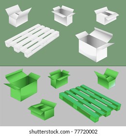 set of cardboard boxes and wood pallets. vector illustration
