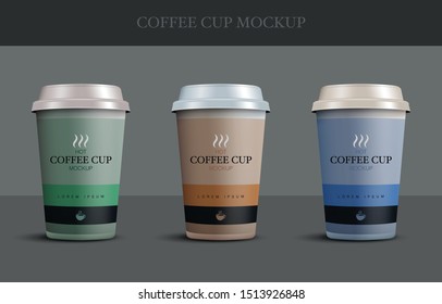 Set of cardboard coffee cups mockup template for cafe isolated on gray background, Disposable plastic and paper coffee cup for hot drink, Vector illustration