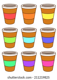 A set of cardboard coffee cups wit colored packing