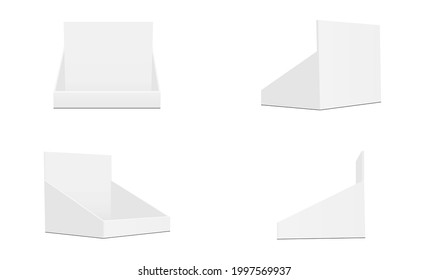 Set of Cardboard Counter Display Boxes Mockups with Various Views, Isolated on White Background. Vector Illustration