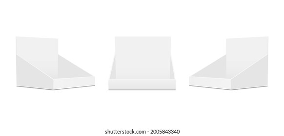 Set of Cardboard Counter Display Boxes Mockups with Front and Side Views, Isolated on White Background. Vector illustration