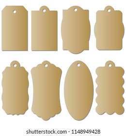 Set of cardboard craft tags of different shapes. Craft labels. Isolated on white background.