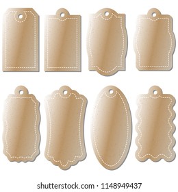 Set of cardboard craft tags of different shapes. Craft labels. Isolated on white background.