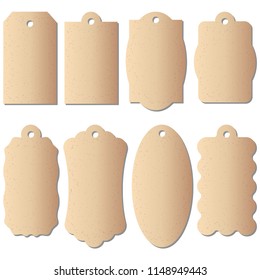 Set of cardboard craft tags of different shapes. Craft labels. Isolated on white background.