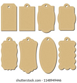 Set of cardboard craft tags of different shapes. Craft labels. Isolated on white background.